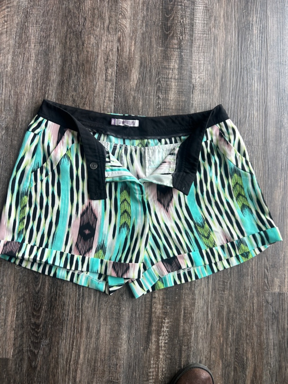 Jennifer Lopez Aqua Mint and Pink Printed Athletic Shorts with Black Waistband